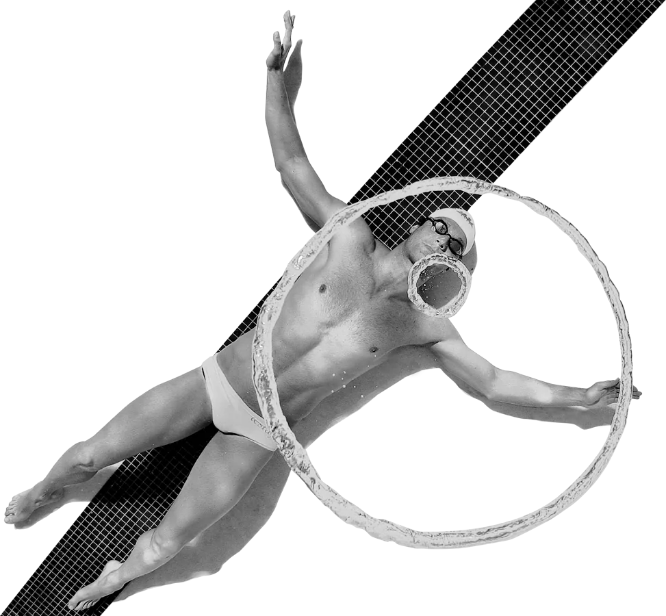 Grayscale image of Markus Rogan, topdown, he is swimming above a swimming lane. All against a transparent background.